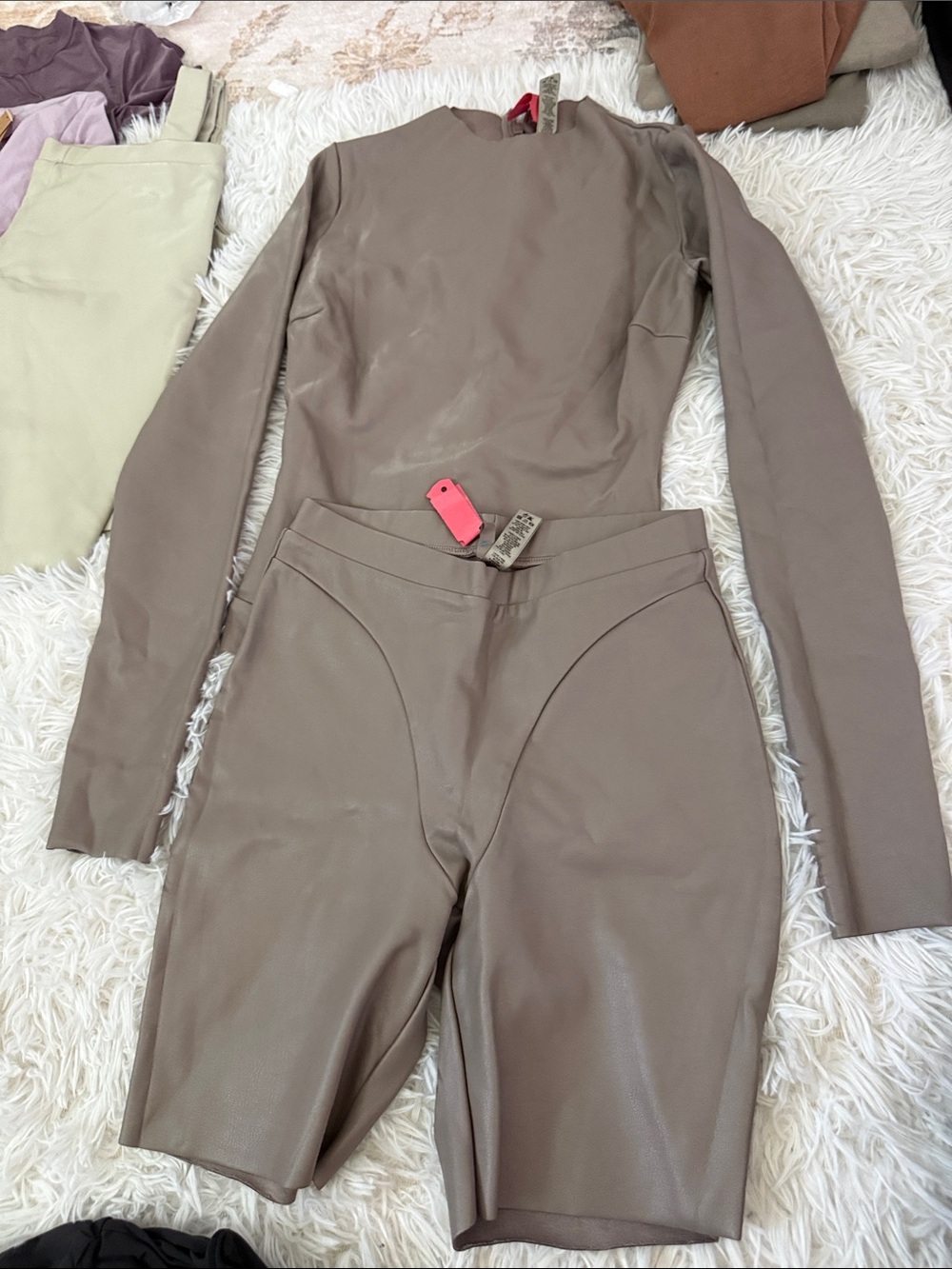 SKIMS Taupe Faux Leather Long-Sleeve Bodysuit with Biker Shorts
